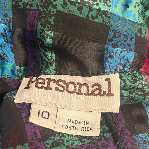 Vintage 80s Jewel Tone Abstract Plaid High Neck Satin Polyester Blouse - Picture 5 of 5